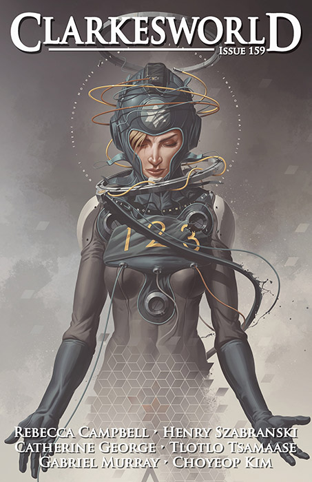 Figure of a woman in a spacesuit on the cover of Clarkesworld 159