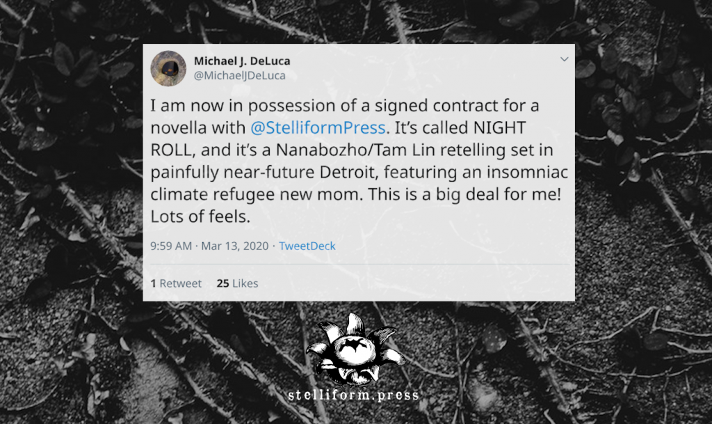 Image of tweet by Michael J. DeLuca announcing Night Roll, on a background image of brambles, in black and white. The Stelliform earthstar logo is at bottom middle.