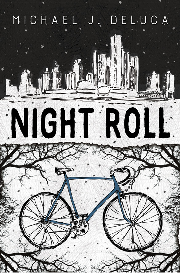 Cover of NIGHT ROLL featuring a drawing of a bicycle surrounded by trees below the Detroit skyline.