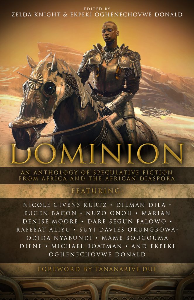 Cover of Dominion anthology, featuring an armoured Black man atop an armoured horse