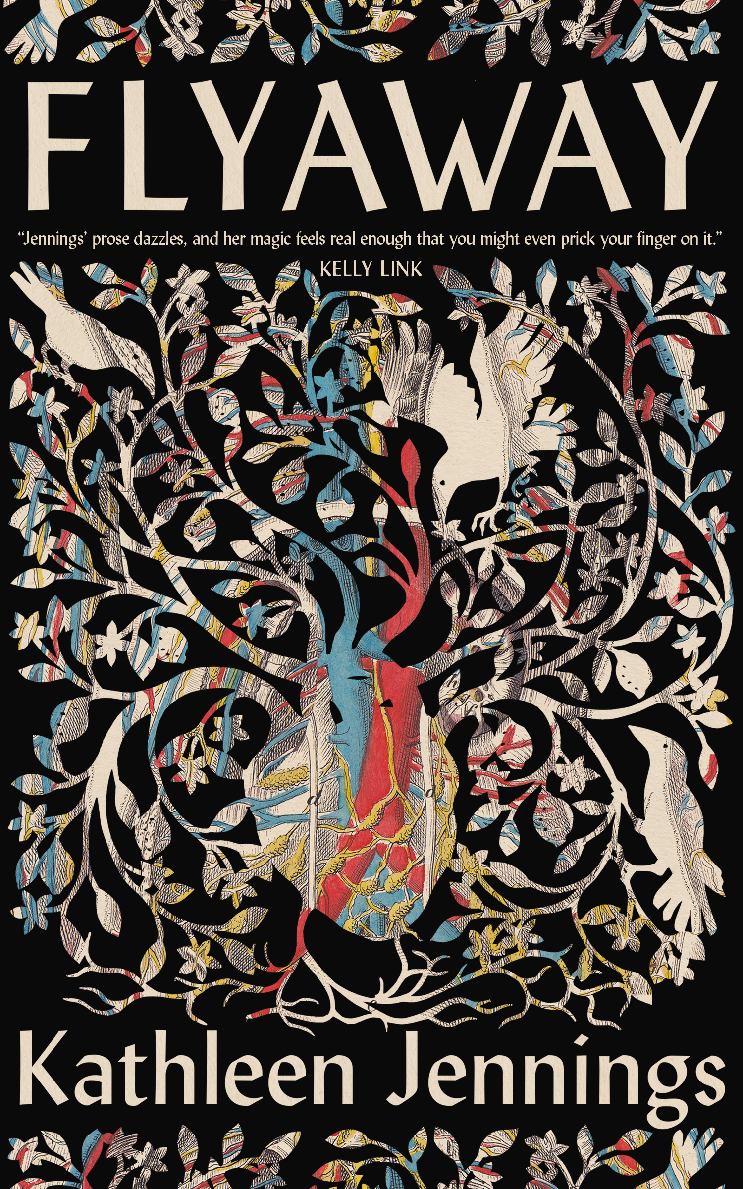 Image of the cover of Kathleen Jennings' FLYAWAY, featuring a cutout of a heart with vines in place of arteries and birds in the vines.