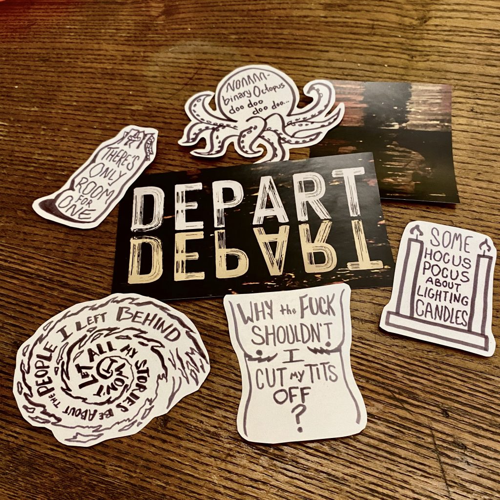 Photo of seven stickers from the Depart, Depart! sticker pack