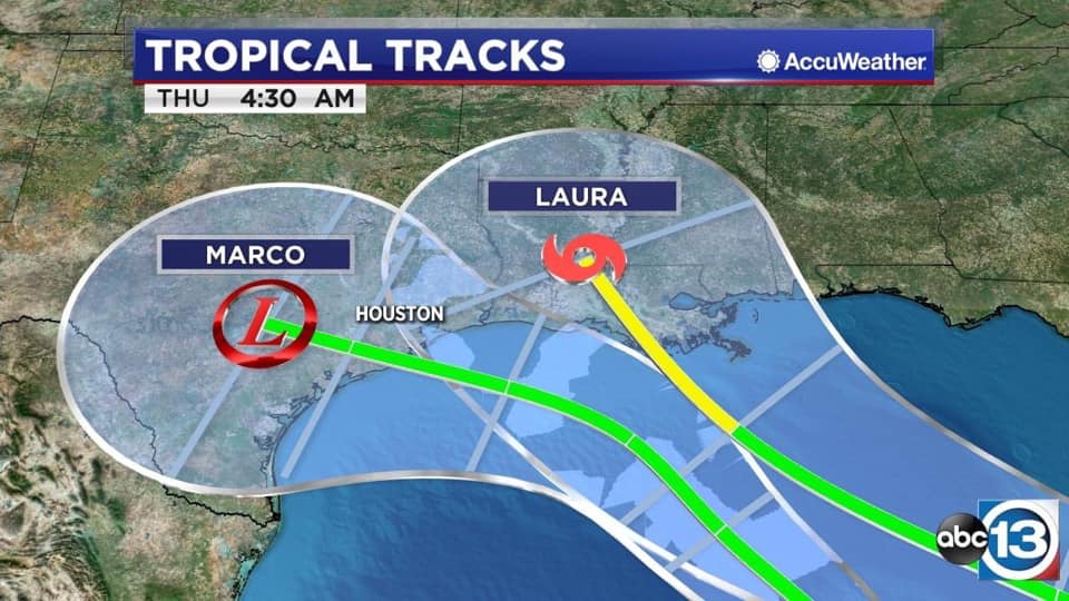 Meteorological map of Tropical Storms Marco and Laura heading toward Houston.