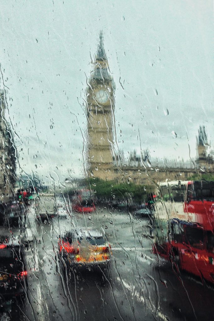 London seen through a raindrop covered window.