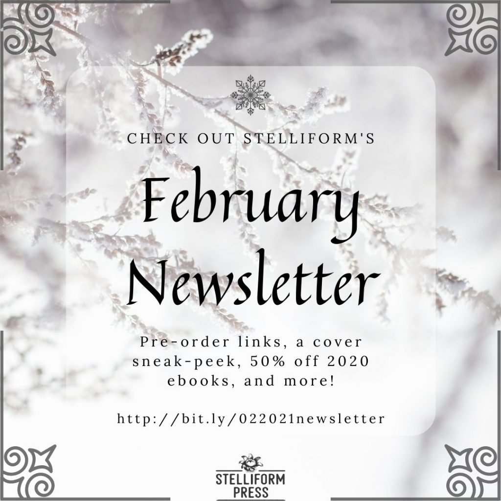 February Newsletter poster graphic, with snowy branches in the background.