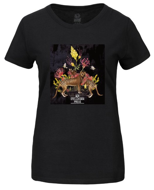 Photo of the Stelliform Press "Grief" T-shirt. Black, with thylacines and flowers on the front.