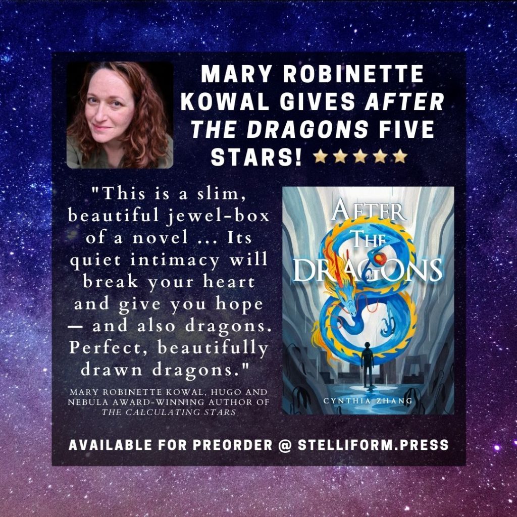 Poster announcing Mary Robinette Kowal's Five Star review of After the Dragons