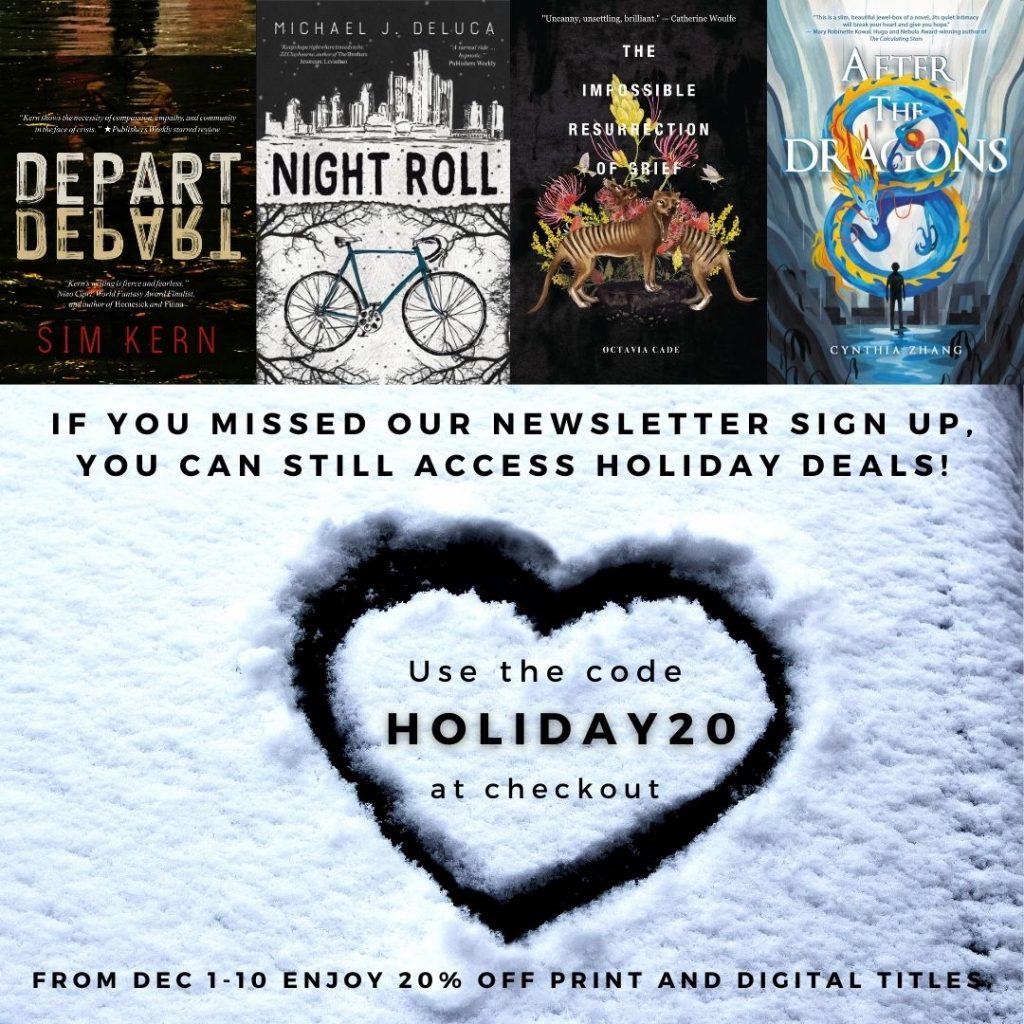 A graphic with book covers in a row at the top, a heart drawn in snow at the bottom. Text reads: If you missed our newsletter sign up, you can still access holiday deals. Use the code HOLIDAY20 at checkout. From Dec 1-10 enjoy 20% off print and digital titles.