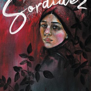 Cover of SORDIDEZ, featuring art by Paulina Niño. The cover features a blend of watercolors in reds, magentas, oranges, teals, and blues, backgrounding a woman in a headscarf looking at the viewer with a melancholy gaze. She is surrounded by black vines and leaves. The title SORDIDEZ swoops over the woman's head in white cursive font. The author's byline is a slightly unstable or antique typewriter font also in white.