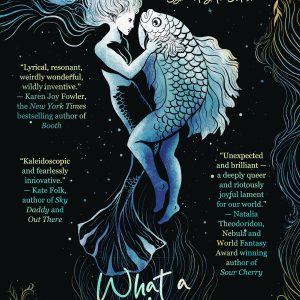 Cover for Syr Hayati Beker's WHAT A FISH LOOKS LIKE. Art by Carly AF, featuring a gender-ambiguous mermaid embracing a reverse mermaid, surrounded by blue and golden kelp tendrils. The bubbles gradually turn into stars toward the top of the image.